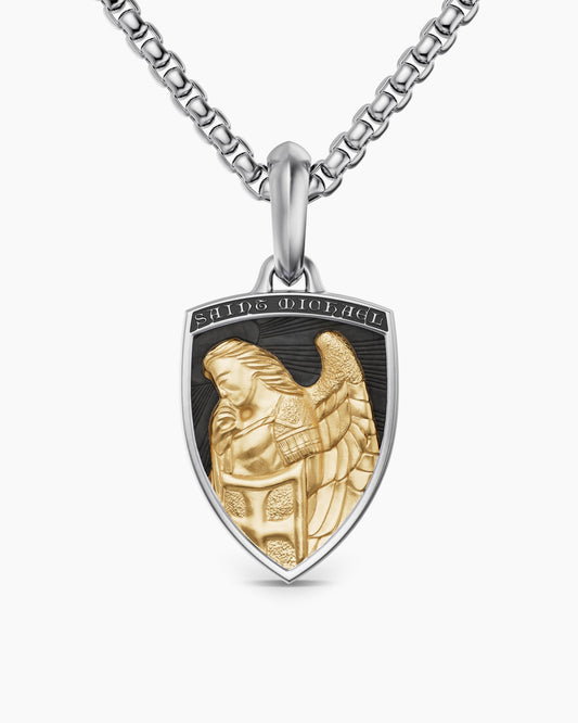 Mens St. Michael Amulet in Sterling Silver with 14K Yellow Gold, 26mm