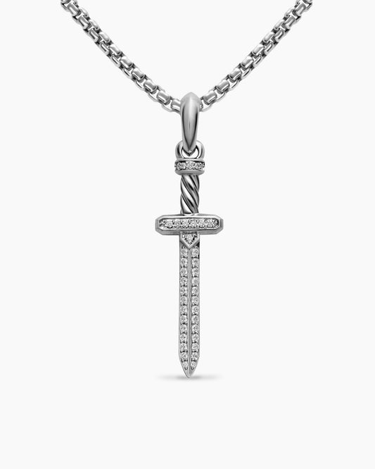 Mens Pavé Sword Amulet in Sterling Silver with Diamonds, 41.3mm
