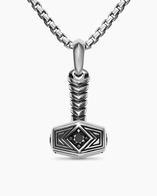 Mens Thor Hammer Amulet in Sterling Silver with Black Diamonds, 25mm